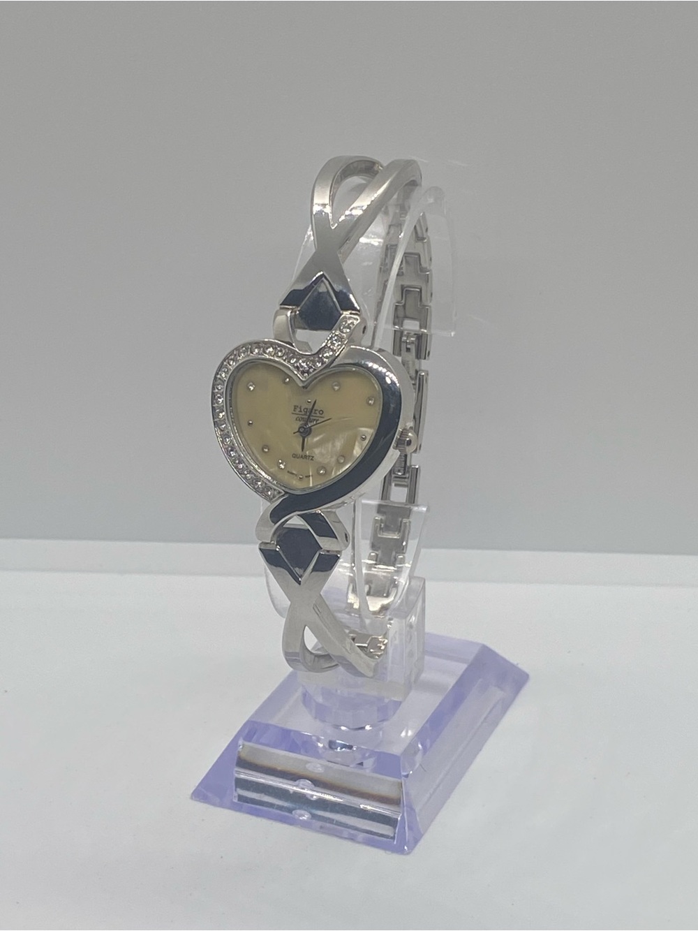 Heart-Shaped Silver Bracelet Watch with Crystal Accent